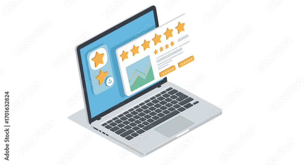 Poster isometric laptop displaying online rating and analytics interface