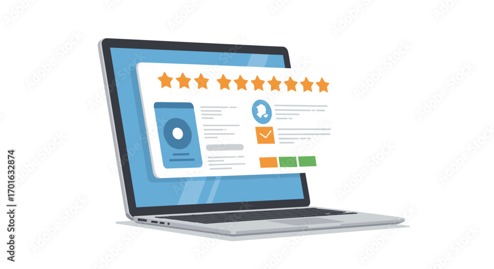 Poster online review and rating concept with laptop and user profile display