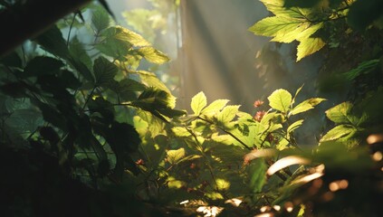 Sunlight filters through lush foliage
