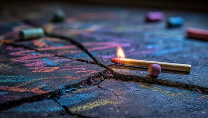 Child's colorful chalk drawings on a textured surface with a burning match