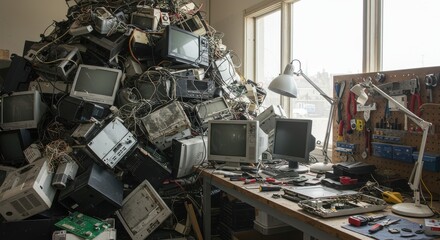 E-waste pile beside a repair technicians workspace