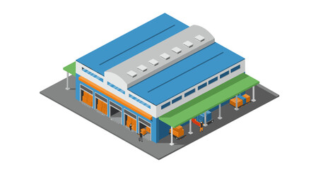 Modern isometric warehouse with loading dock and delivery trucks