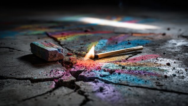 Cracked pavement with colorful chalk art and a lit match