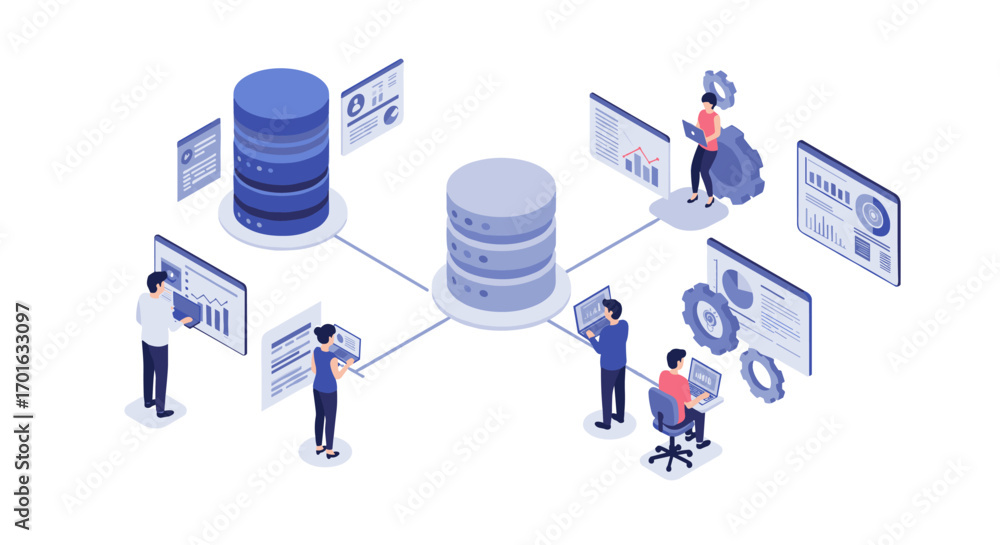 Aufkleber isometric data management system with team analyzing on laptops and interactive charts
