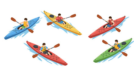 Colorful kayaks with paddlers on white background in flat design
