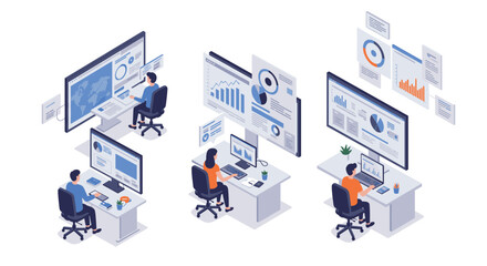Modern isometric office workspace with analytics and technology