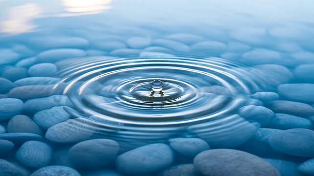 Water drop falling on smooth pebbles creating ripple circles in calm water  
