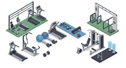 Fototapeta premium Isometric gym equipment set: treadmills, weights, and fitness machines