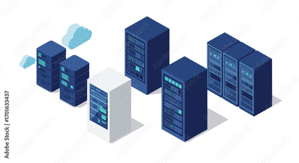 Poster isometric data center with server racks and cloud computing elements