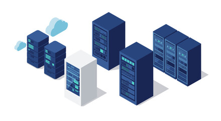 Fototapeta premium Isometric data center with server racks and cloud computing elements