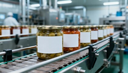 Food processing plant with jars on conveyor belt, ready for labeling and packaging, showcasing manufacturing efficiency