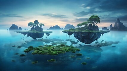 Magical floating islands above misty sea with glowing plants and dreamy twilight atmosphere.