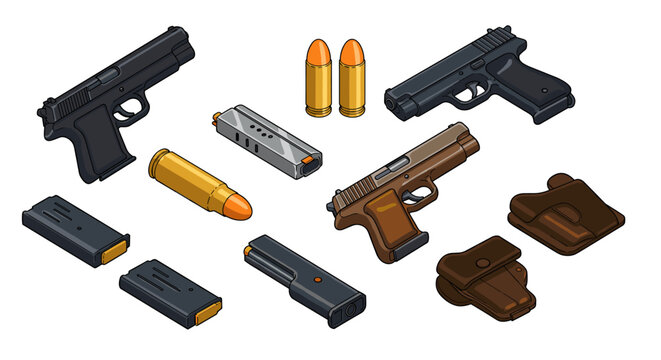 Isometric handguns and ammunition set on white background