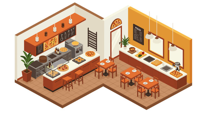 Cozy isometric pizzeria interior with pizza ovens and dining area