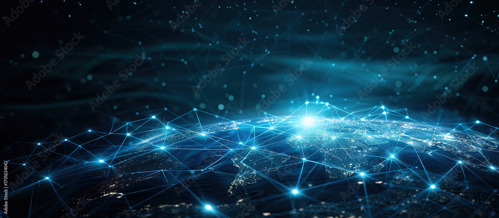 Poster digital world: a luminous web of interconnected digital nodes overlays the earth, representing globa