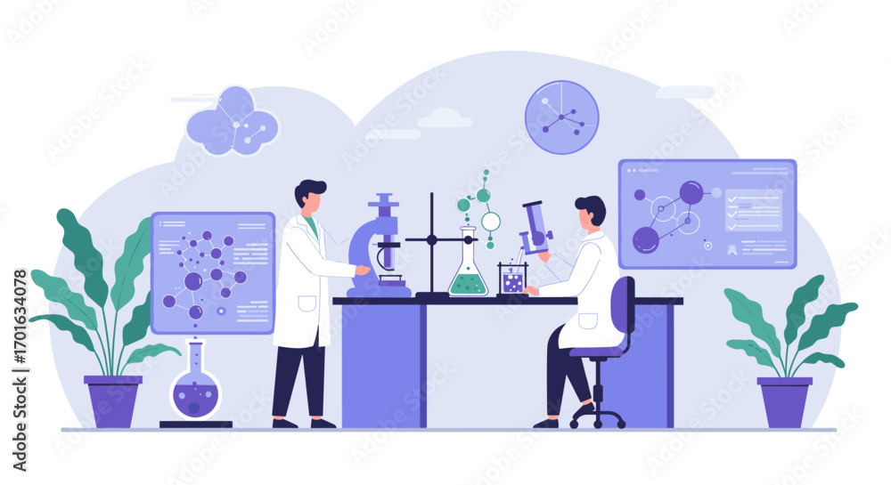 Poster scientists conducting experiments in modern laboratory setting with flat design elements