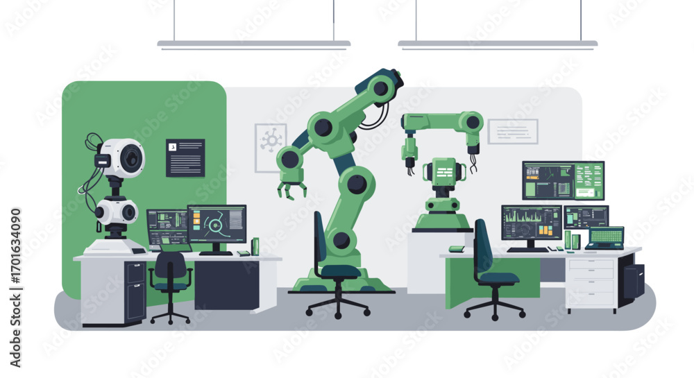Aufkleber futuristic robotics lab with green industrial automation and advanced technology workspace