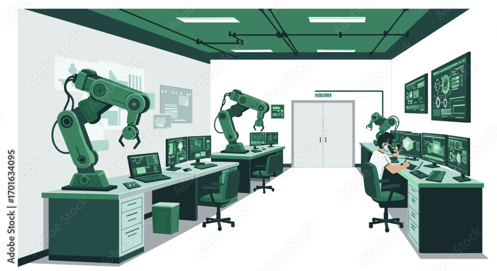 Poster automated robotics lab with engineers and robotic arms in modern workspace