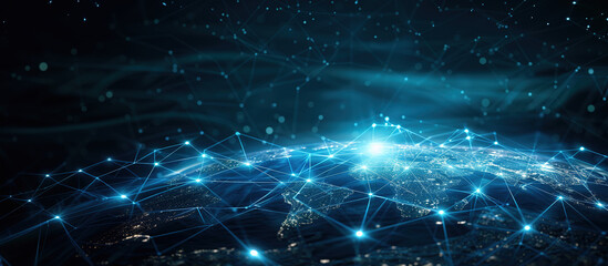 Digital World: A luminous web of interconnected digital nodes overlays the Earth, representing global connectivity, data exchange, and the intricate network of modern technology.