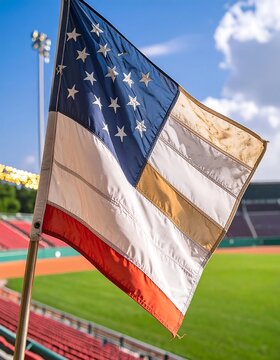 Worn American flag waving at a baseball stadium