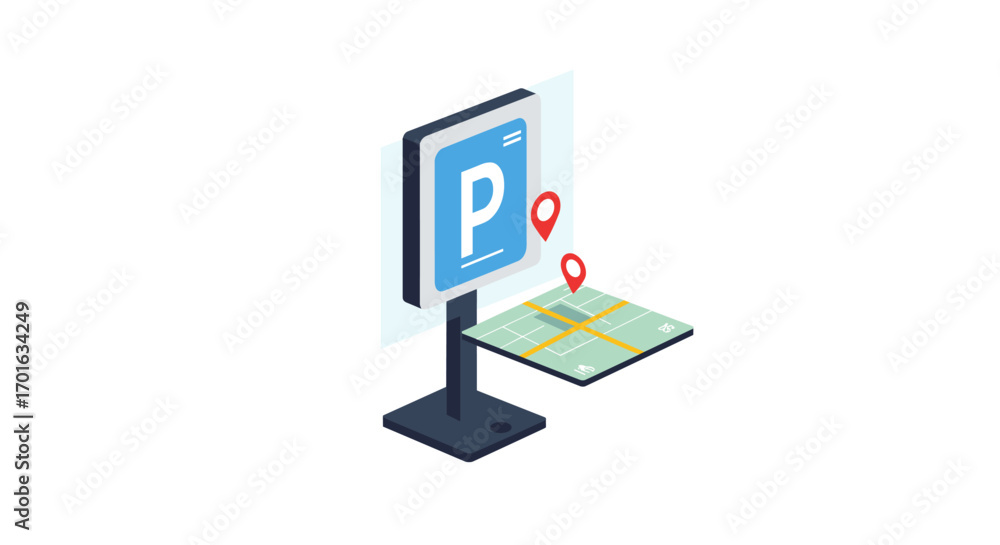 Aufkleber isometric parking sign with map and location markers for navigation apps