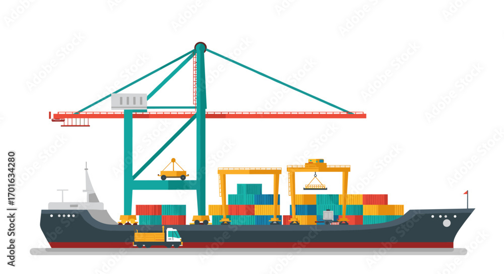 Poster cargo ship loading at port with containers and crane in flat style