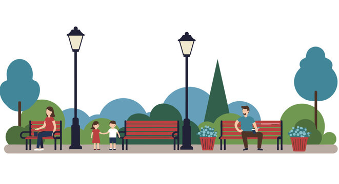 Family outing in park: minimalist design with benches, trees, and lamp posts
