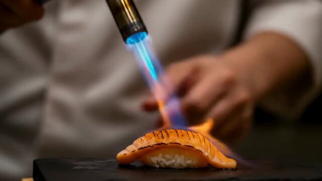 Chef Preparing Aburi Salmon Nigiri Sushi by Searing it with a Kitchen Blowtorch