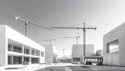 Obraz premium a construction site with multiple high-rise buildings under construction and several cranes. A person in an orange jacket is seen walking in the foreground