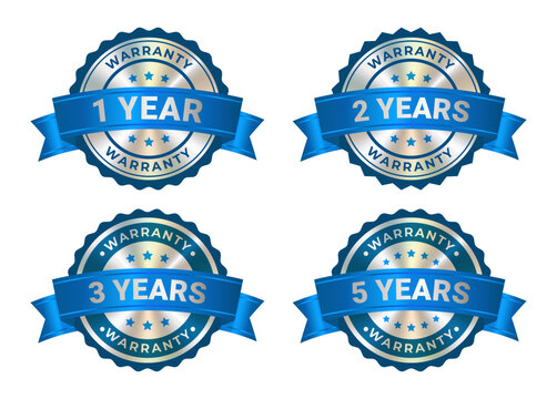 Set of Round silver medal with award blue ribbon, warranty badge icon with 1,2,3,5 years guarantee label, quality assurance seal and certification emblem isolated on white background. Vector EPS10