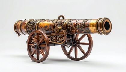 Decorative historical cannon with gold and bronze floral motifs on wheels and barrel, ceremonial and artistic