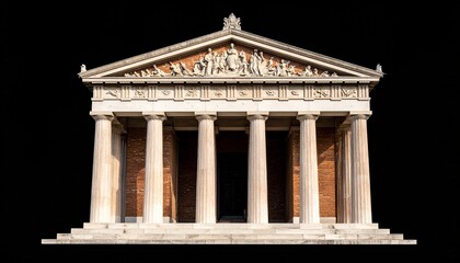 Fototapeta premium Classical temple with Corinthian columns and sculpted pediment on black background