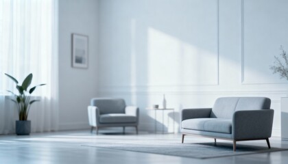 Minimalist Living Room Interior with Modern Furniture, Natural Light, and Serene Ambiance for Relaxation