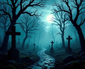 Ethereal Gothic Graveyard with Moonlit Path and Leafless Trees