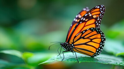 Naklejka premium Monarch butterfly resting on vibrant green leaf in nature, showcasing delicate wings and intricate patterns