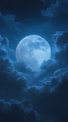 Obraz premium A full moon glowing brightly through scattered clouds in a deep blue night sky