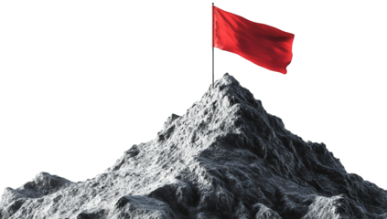 Red flag on a rocky mountain peak isolated on transparent background