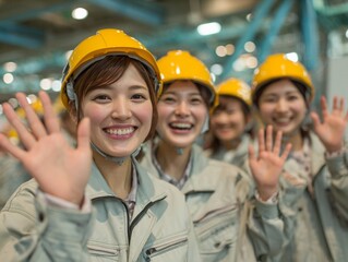 Japanese  smiling asian female factory workers waving wearing hard hats in factory setting