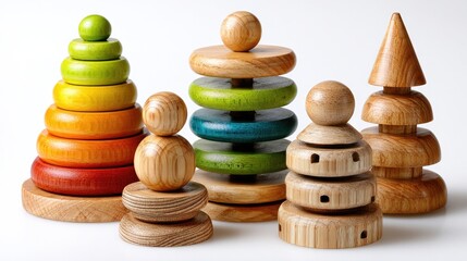 Colorful Wooden Stacking Toys: Captivating image of a set of vibrant, wooden stacking toys arranged against a clean backdrop. Perfect for playful design and children's content.