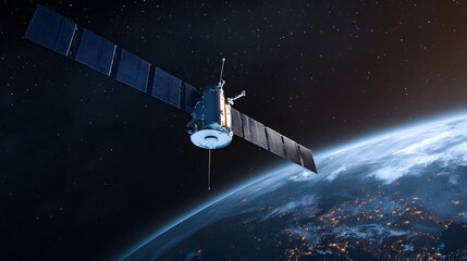 A satellite orbiting earth in space, showcasing solar panels and the planet's surface illuminated by city lights at night