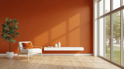 Fototapeta premium Modern Burnt Orange Living Room Interior Design: Sunlight Streaming Through Large Window, Minimalist Decor, Comfortable Seating.