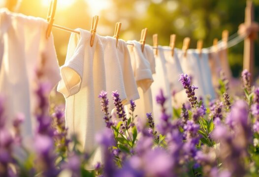 Sunlit laundry hanging on a line amidst a vibrant lavender field, creating a serene, idyllic scene