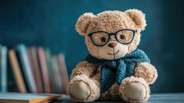 Cute bear wearing glasses and scarf, with books in background