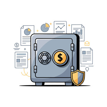 Vector illustration of a safe with a dollar coin and financial documents, symbolizing finance and investment security with a flat 2D design.
