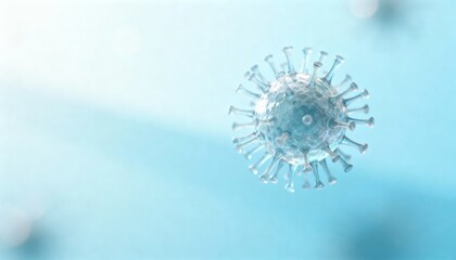 Microscopic View of a Floating Virus Particle with Spikes on a Soft Blue Gradient Background