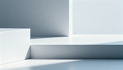 Obraz premium Modern Minimalist White Product Display Platform with Geometric Shapes and Natural Light, Ideal for Product Showcase