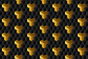 Seamless pattern of gold and black cube and hexagon polygons. 3D geometric texture vector illustration.