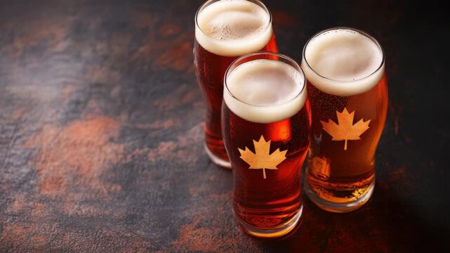 Three glasses of amber beer featuring maple leaf logos on rustic table