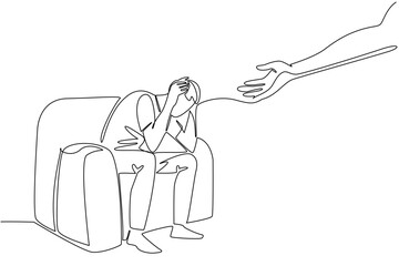 Single one line drawing man sitting on sofa with both hands holding his head. Helps to get out of trouble. National Mental Health Provider Appreciation Day. Continuous line design graphic illustration