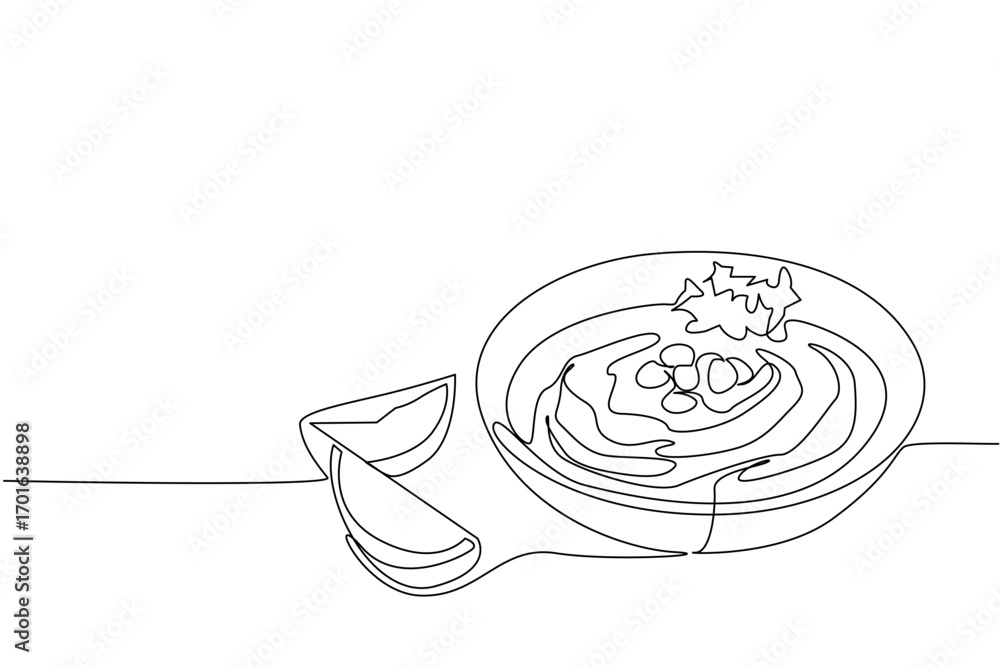 Poster continuous one line drawing hummus in white bowl with leaf and nut toppings plus lemon slices. cream